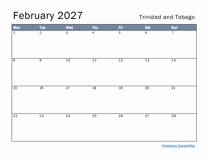 February 2027 Simple Monthly Calendar for Trinidad and Tobago