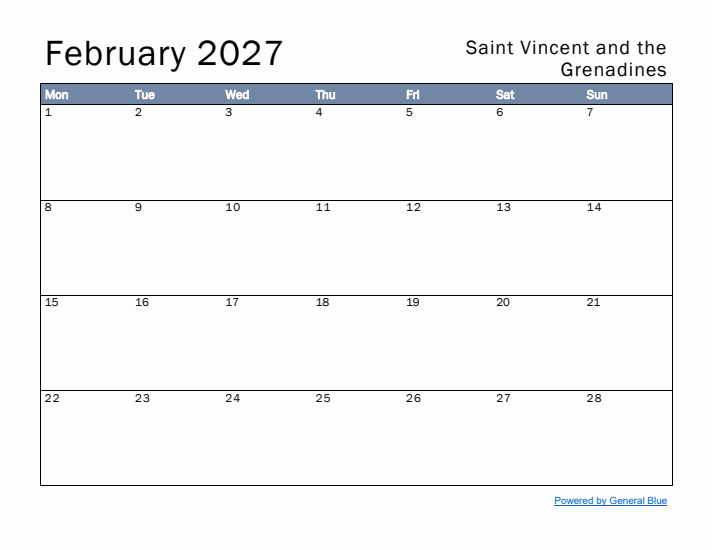 February 2027 Simple Monthly Calendar for Saint Vincent and the Grenadines