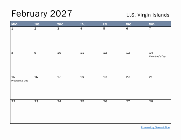 February 2027 Simple Monthly Calendar for U.S. Virgin Islands