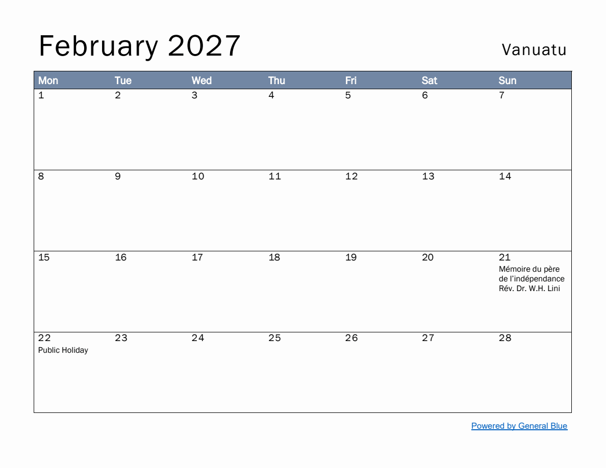 Free Monthly Calendar Template for February 2027 with Vanuatu Holidays ...