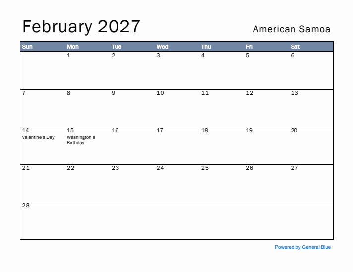 February 2027 Simple Monthly Calendar for American Samoa