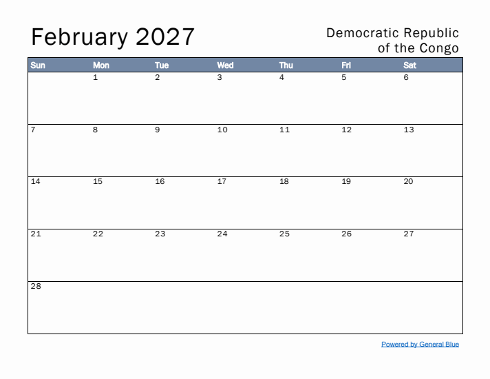 February 2027 Simple Monthly Calendar for Democratic Republic of the Congo