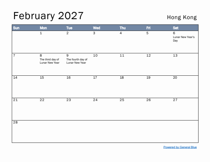 February 2027 Simple Monthly Calendar for Hong Kong