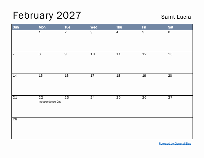 February 2027 Simple Monthly Calendar for Saint Lucia