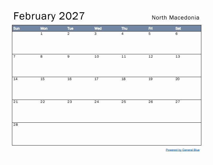 February 2027 Simple Monthly Calendar for North Macedonia