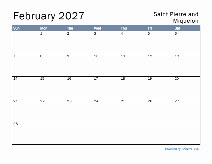 February 2027 Simple Monthly Calendar for Saint Pierre and Miquelon