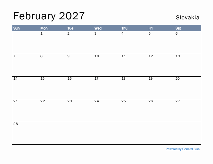 February 2027 Simple Monthly Calendar for Slovakia