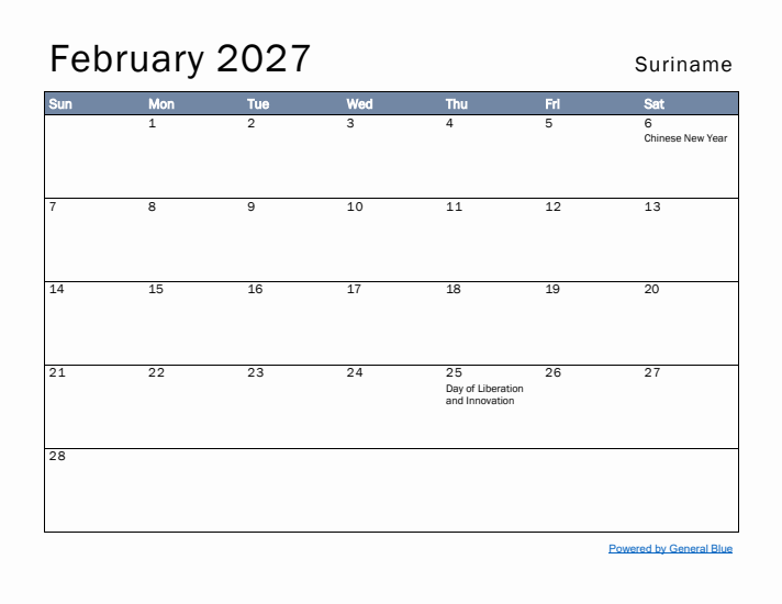 February 2027 Simple Monthly Calendar for Suriname