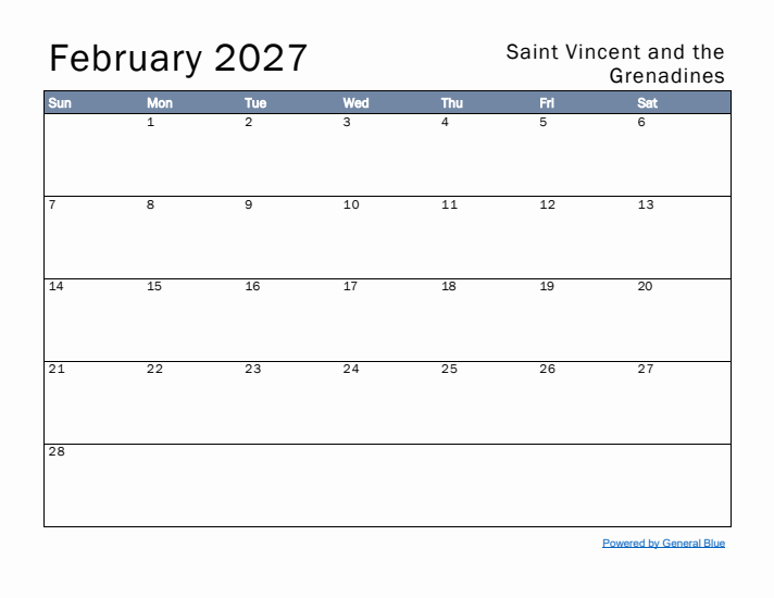 February 2027 Simple Monthly Calendar for Saint Vincent and the Grenadines