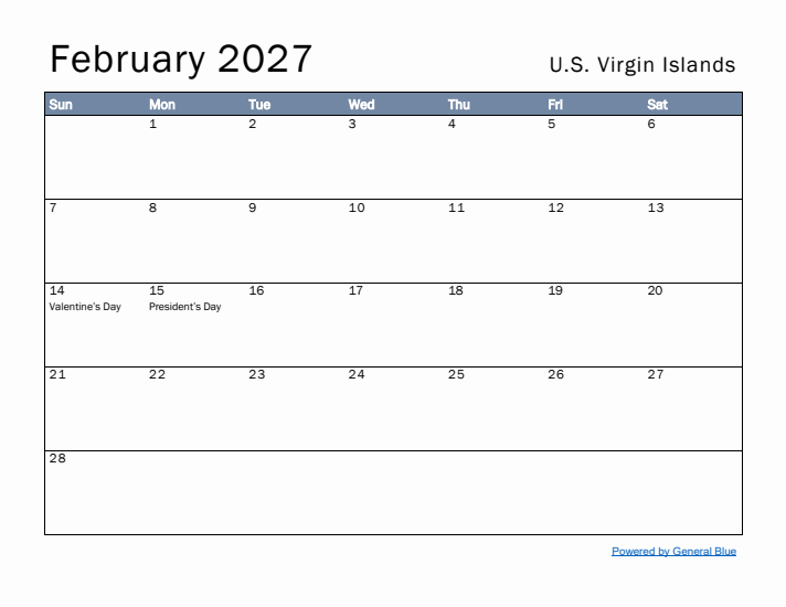 February 2027 Simple Monthly Calendar for U.S. Virgin Islands