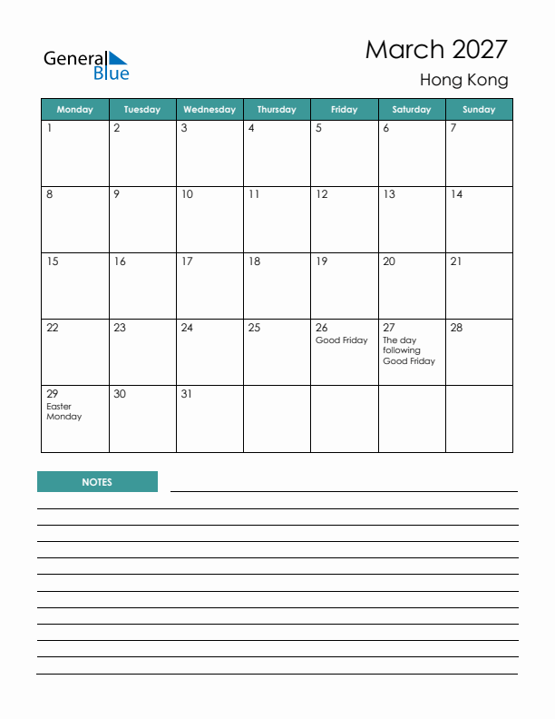 Calendar with Notes Printable - Monday Start