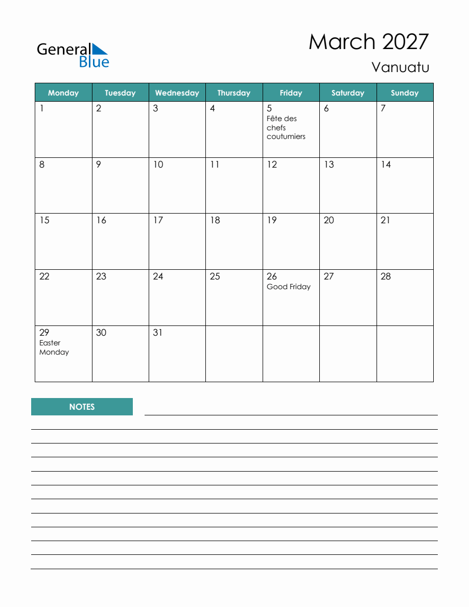 Monthly Planner with Vanuatu Holidays - March 2027 (Monday Start)