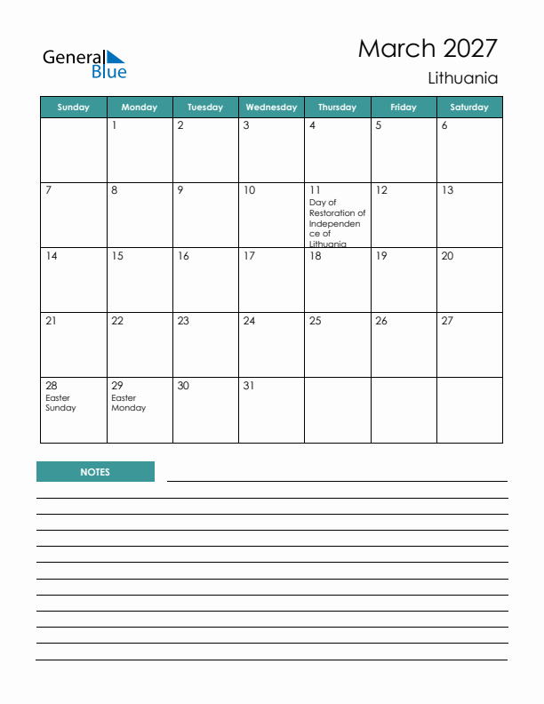 Calendar with Notes Printable - Sunday Start
