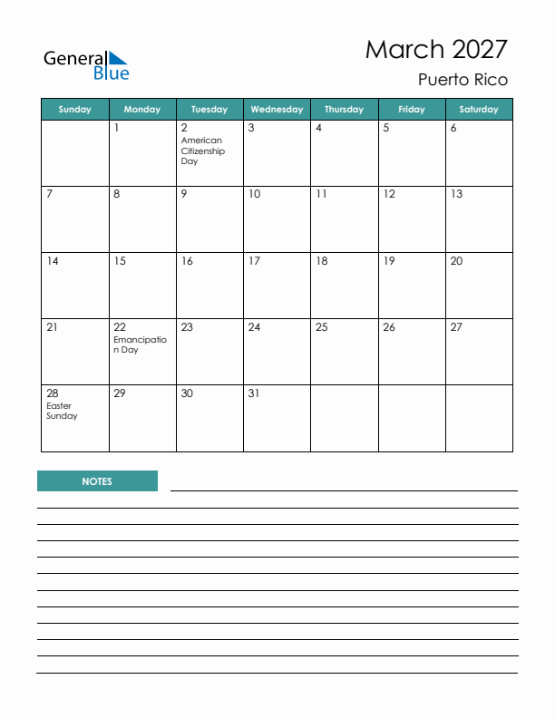 Calendar with Notes Printable - Sunday Start