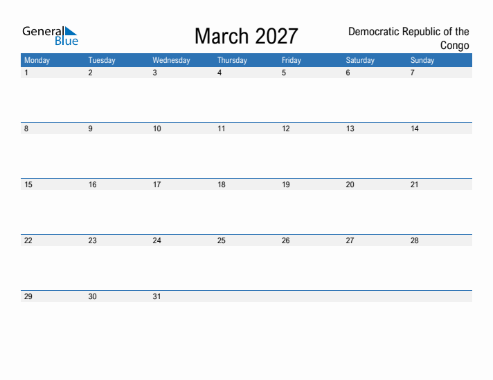 Fillable March 2027 Calendar