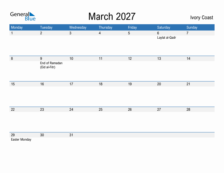 Fillable March 2027 Calendar