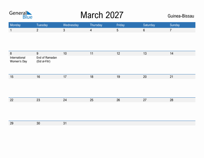 Fillable March 2027 Calendar
