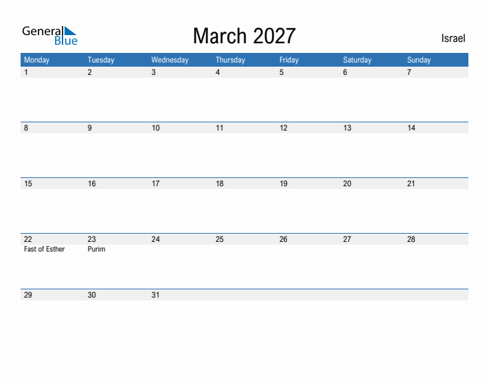 Fillable March 2027 Calendar