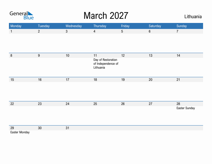 Fillable March 2027 Calendar