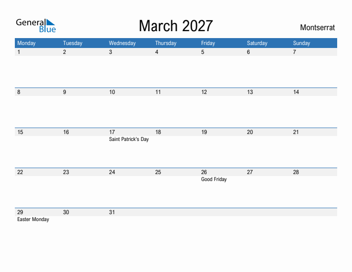 Fillable March 2027 Calendar