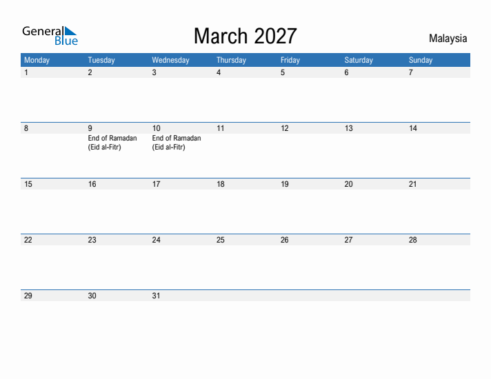 Fillable March 2027 Calendar