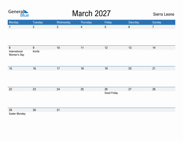 Fillable March 2027 Calendar