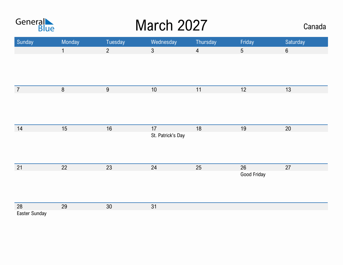 March 2027 Monthly Calendars with Canada Holidays