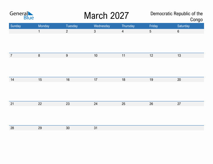 Fillable March 2027 Calendar