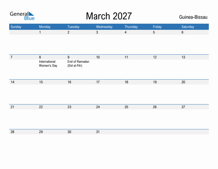 Fillable March 2027 Calendar