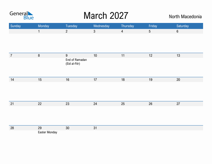 Fillable March 2027 Calendar