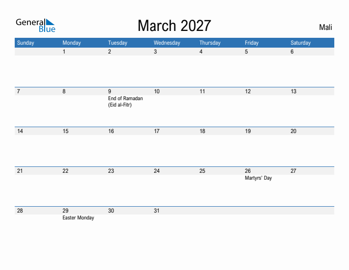 Fillable March 2027 Calendar