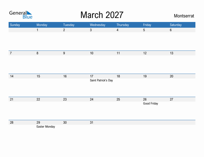 Fillable March 2027 Calendar