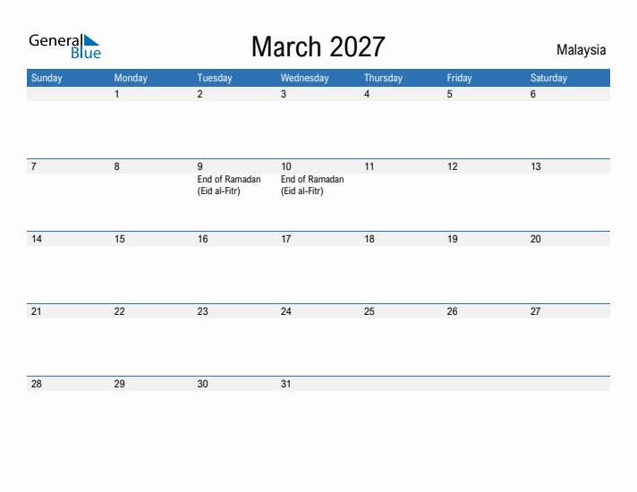 Fillable March 2027 Calendar