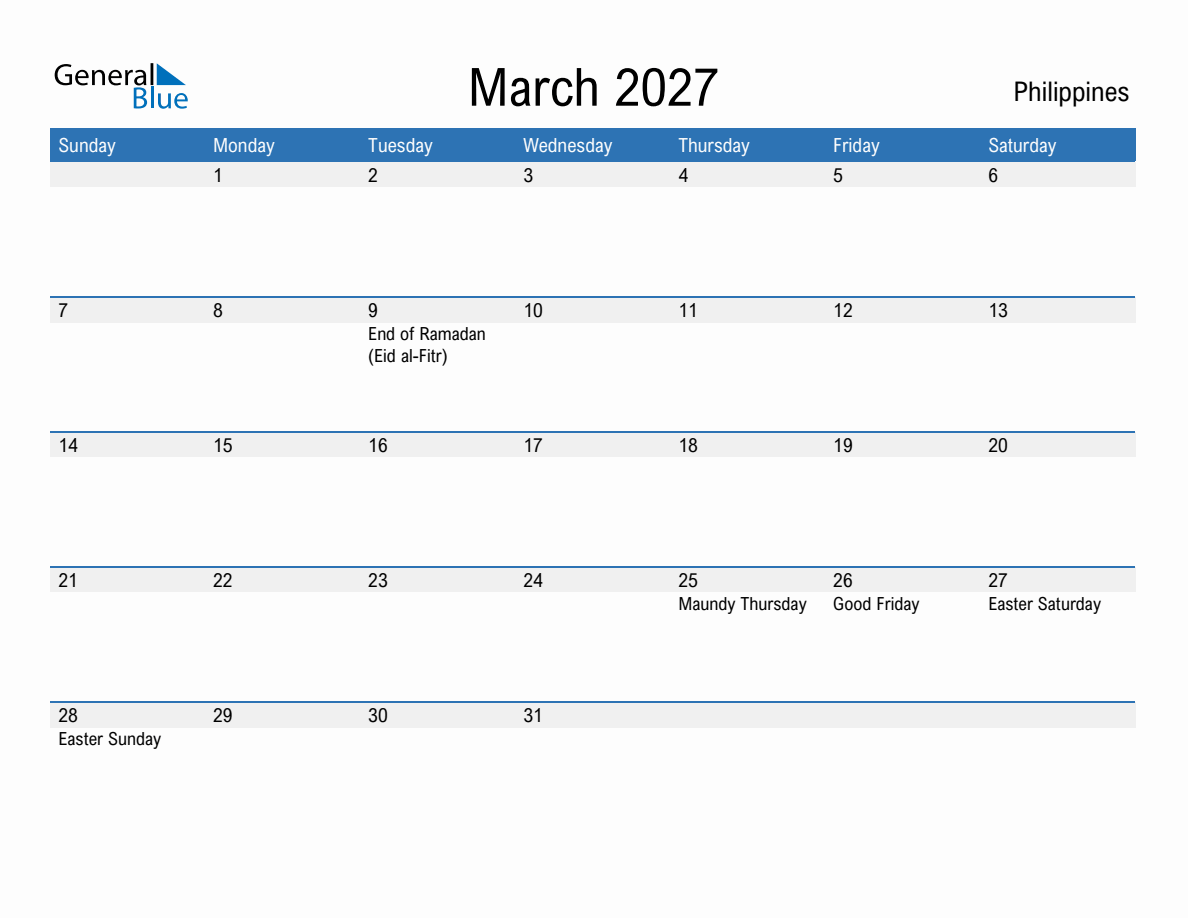 March 2027 Monthly Calendars with Philippines Holidays