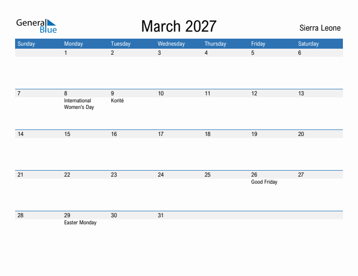 Fillable March 2027 Calendar