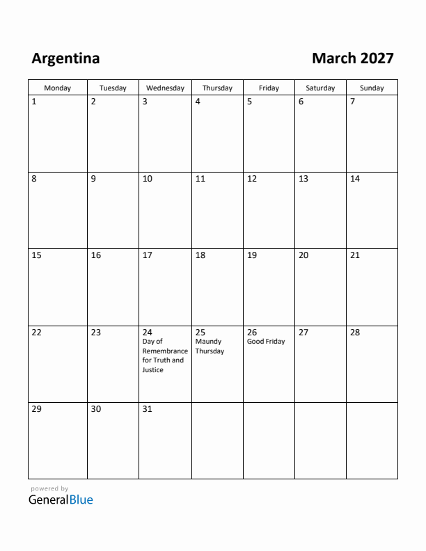 March 2027 Calendar with Argentina Holidays