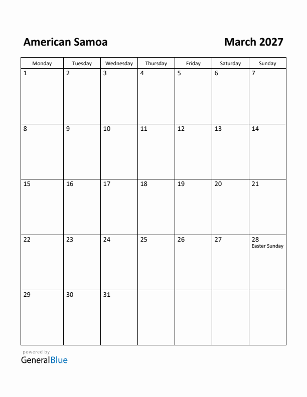 March 2027 Calendar with American Samoa Holidays