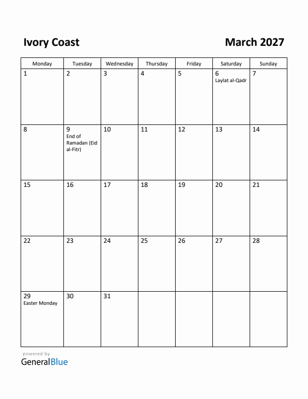 March 2027 Calendar with Ivory Coast Holidays
