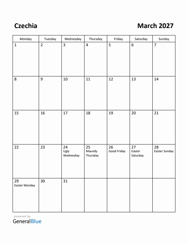 March 2027 Calendar with Czechia Holidays