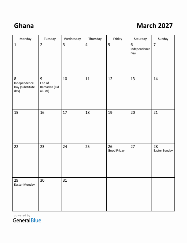 March 2027 Calendar with Ghana Holidays