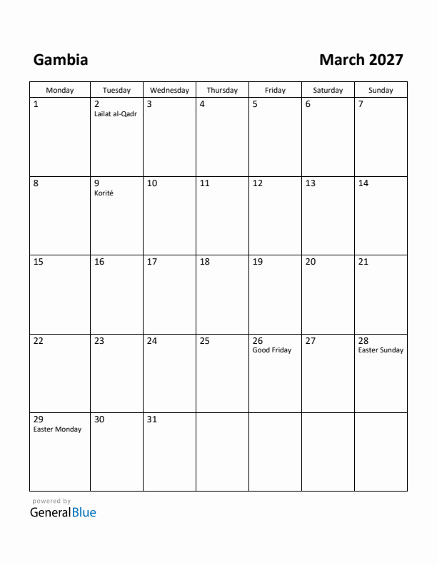 March 2027 Calendar with Gambia Holidays