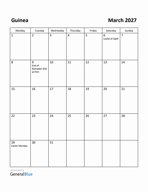 March 2027 Calendar with Guinea Holidays