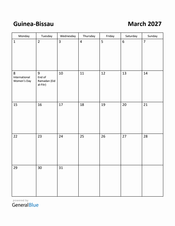 March 2027 Calendar with Guinea-Bissau Holidays