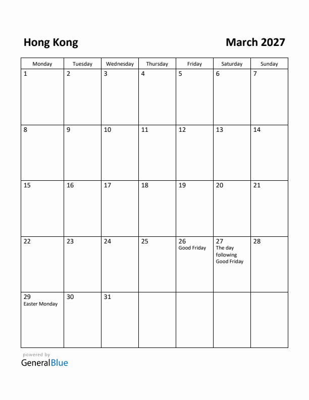 March 2027 Calendar with Hong Kong Holidays
