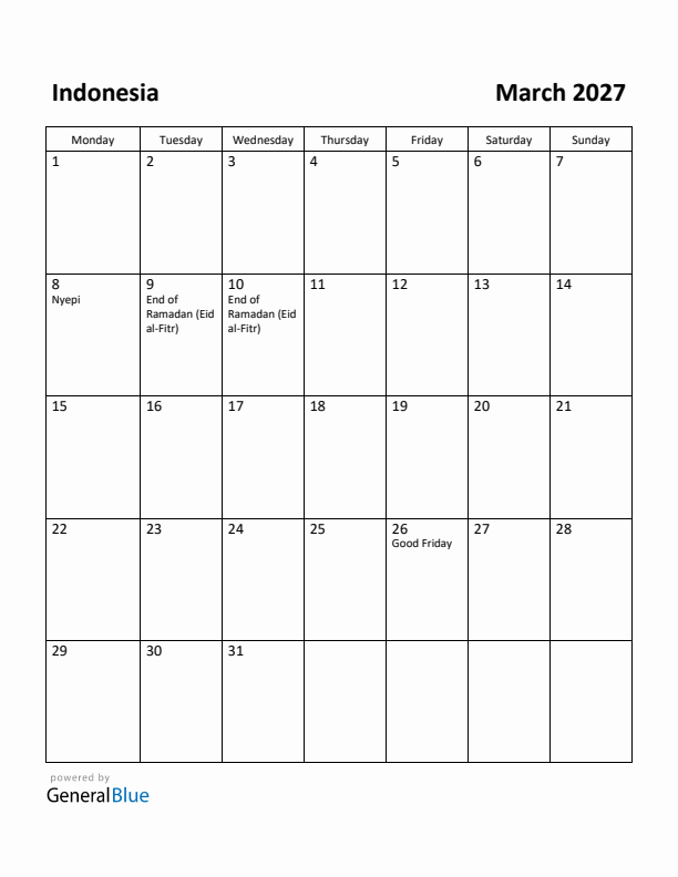 March 2027 Calendar with Indonesia Holidays