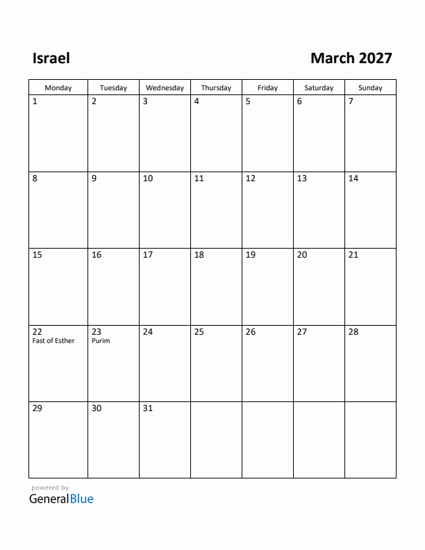 March 2027 Calendar with Israel Holidays