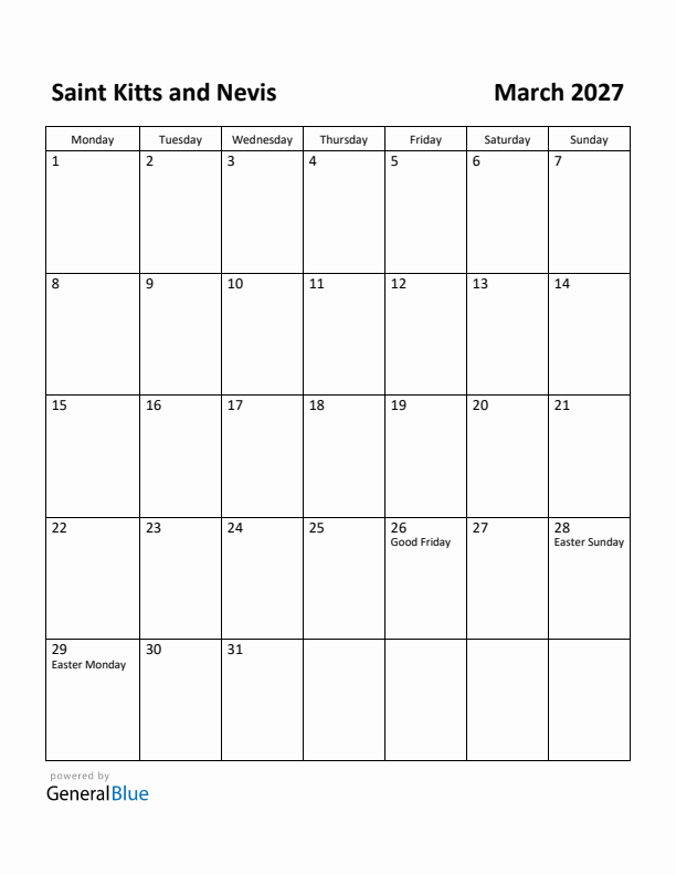 March 2027 Calendar with Saint Kitts and Nevis Holidays