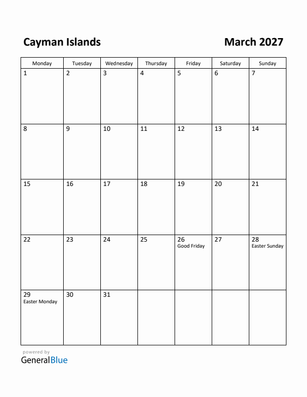 March 2027 Calendar with Cayman Islands Holidays