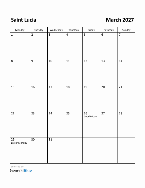 March 2027 Calendar with Saint Lucia Holidays