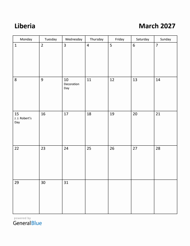 March 2027 Calendar with Liberia Holidays